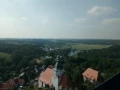 Dorfansicht von Döben mit Kirche aus der Luft von hoch oben gesehen.